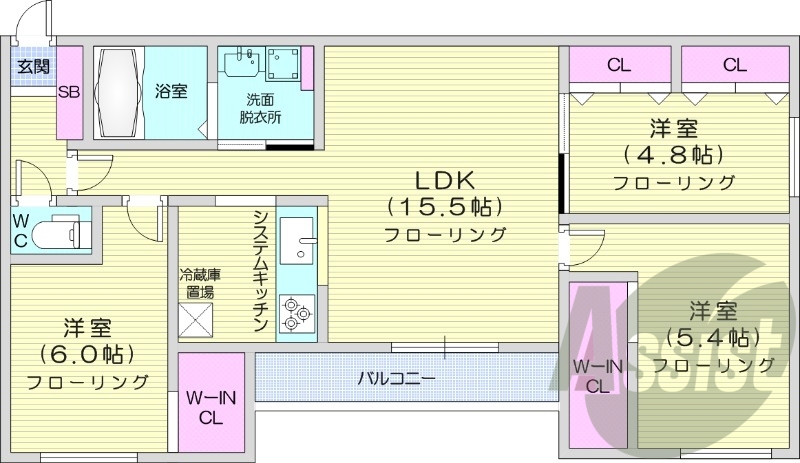 3LDK、都市ガス、エアコン、追い焚き、浴室乾燥機
