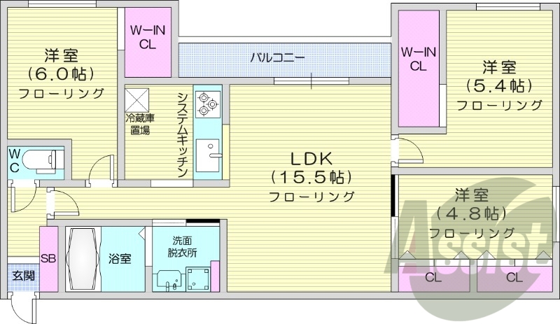 3LDK、都市ガス、エアコン、追い焚き、浴室乾燥機