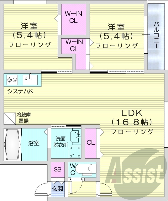 2LDK、都市ガス、エアコン、システムキッチン