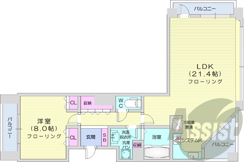 1LDK、分譲、都市ガス、システムキッチン、床暖房