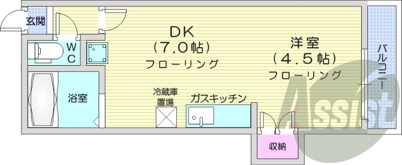 1DK、バストイレ別、ガスキッチン