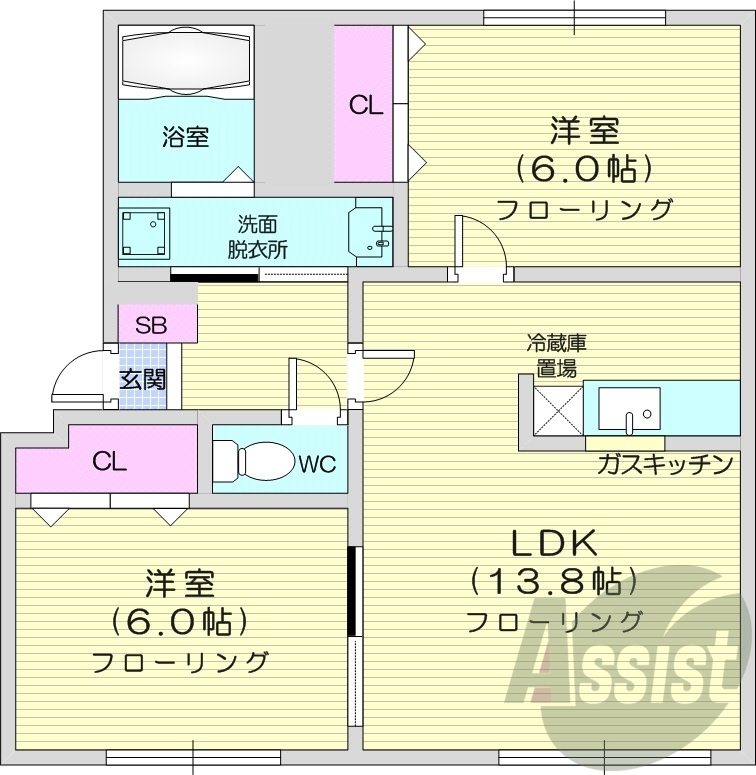 2LDK、エアコン、灯油ボイラー、ネット無料