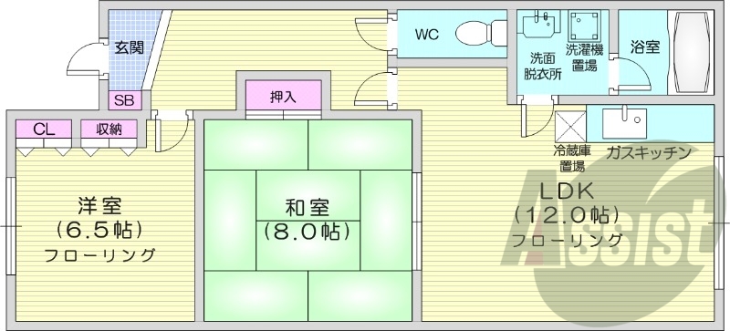 2LDK、灯油暖房、バストイレ別、最上階
