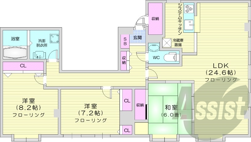 3LDK、エアコン、エレベーター、システムキッチン