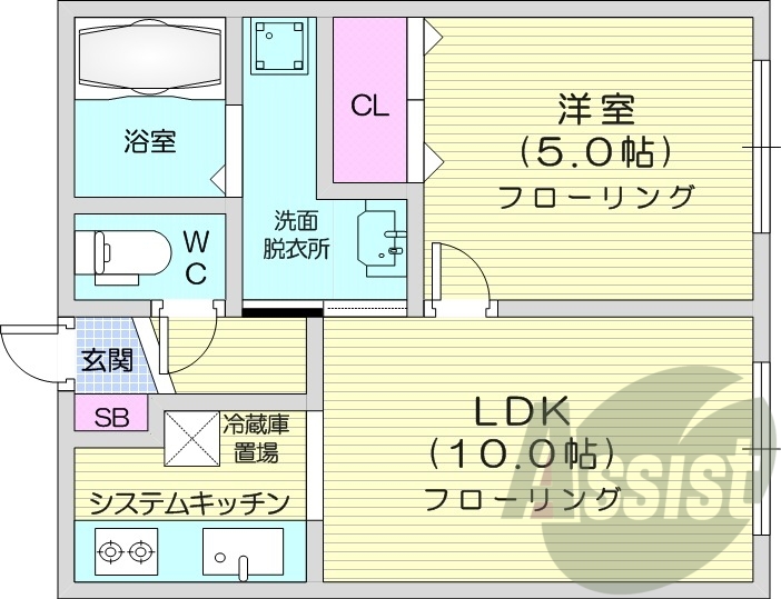 1LDK、システムキッチン、灯油暖房、トランクルーム