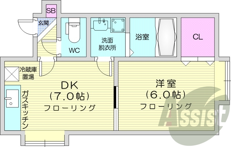 1DK、角部屋、バス・トイレ別、独立洗面台
