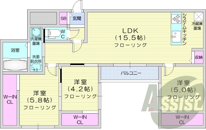 3LDK、エアコン、ウォークインクローゼット、システムK
