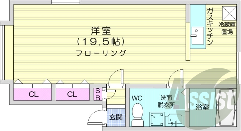 1R、都市ガス、扇風機、独立洗面台