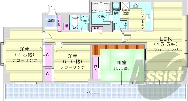 3LDK、システムキッチン、浴室乾燥機、バルコニー