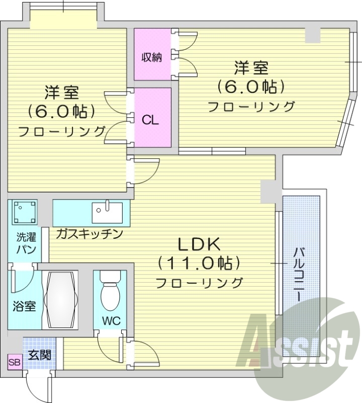 2LDK、灯油暖房、バストイレ別、室内洗濯機置場