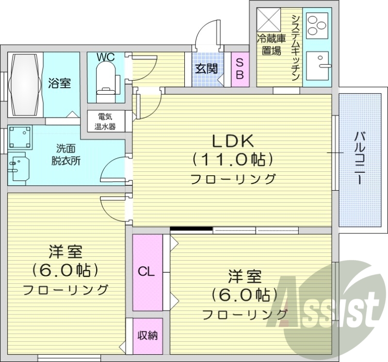 2LDK、オール電化、暖気暖房、システムキッチン