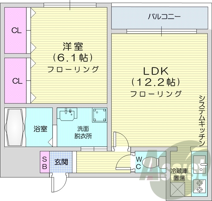 1LDK、灯油暖房、バルコニー、トランクルーム