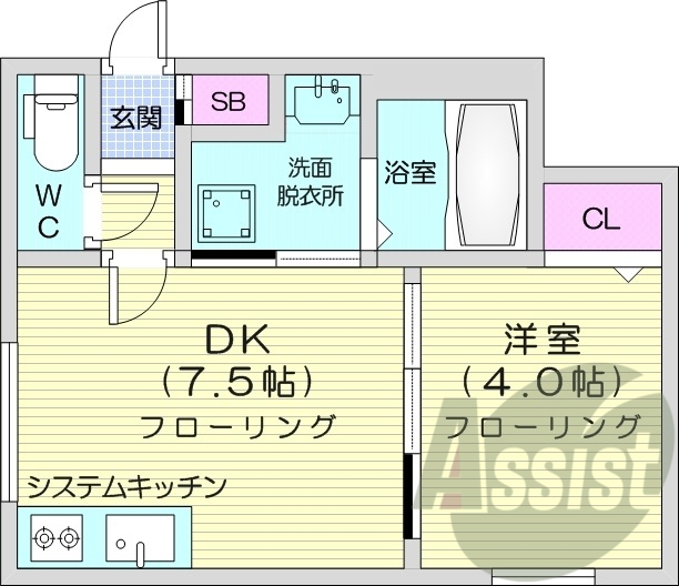 1LDK、エアコン、灯油暖房、システムキッチン