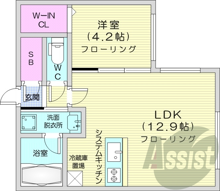1LDK、エアコン、都市ガス、システムキッチン
