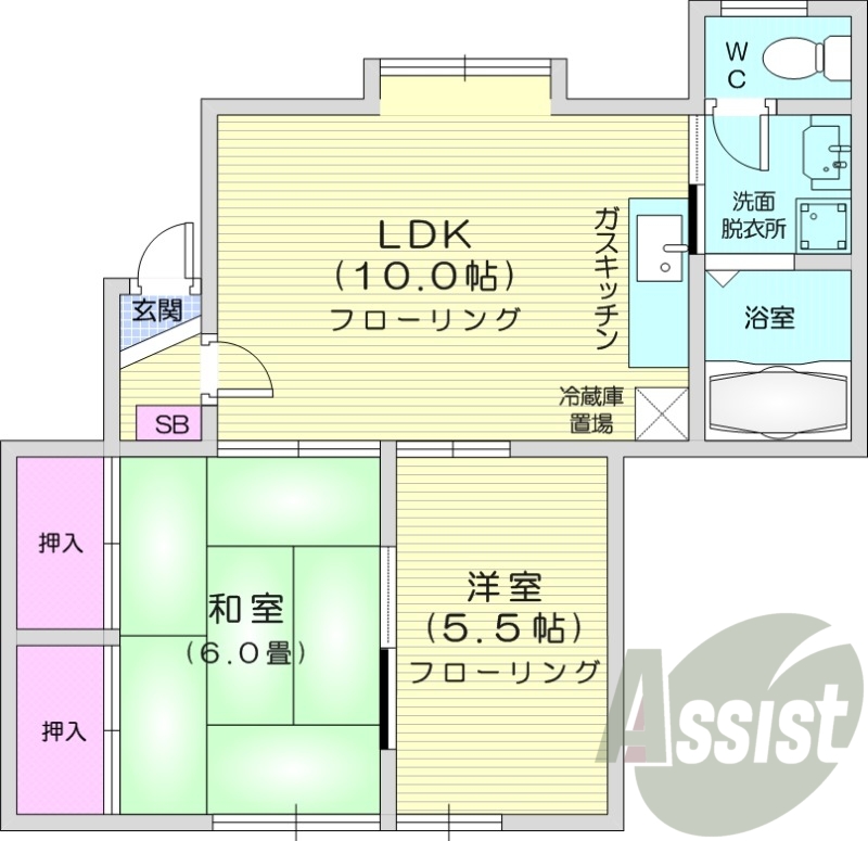 2LDK、灯油暖房、トランクルーム、バストイレ別