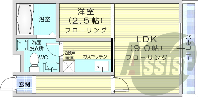 1LDK、灯油暖房、オートロック、バルコニー