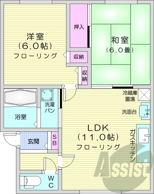 2LDK、エアコン、独立洗面台、バストイレ別