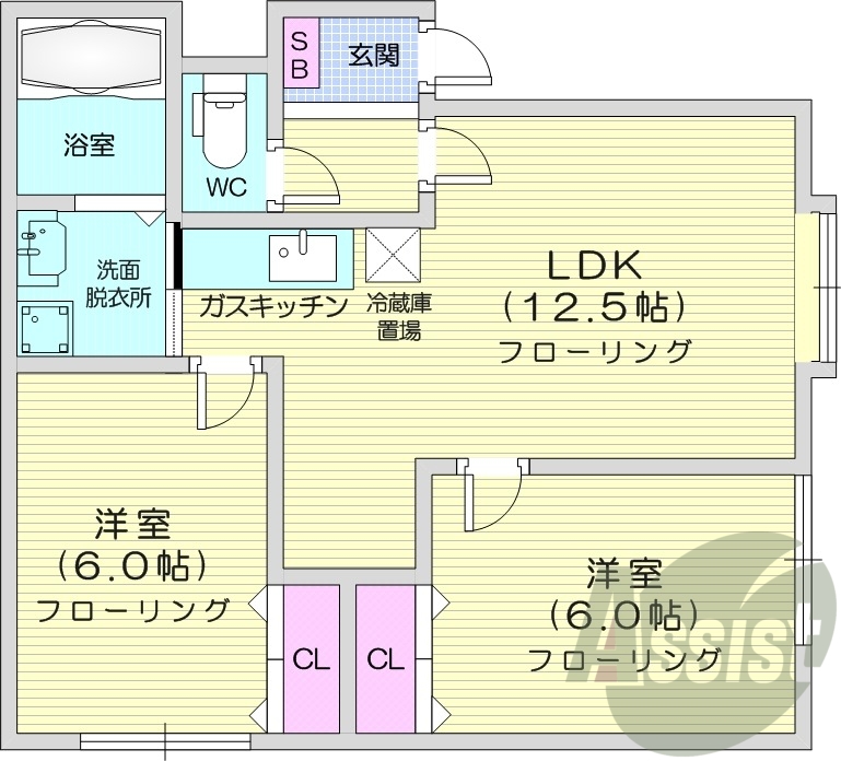 2LDK、エアコン、独立洗面台、ガスキッチン