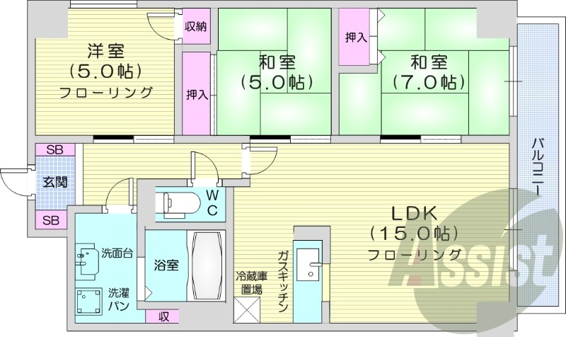 3LDK、都市ガス、オートロック、バルコニー