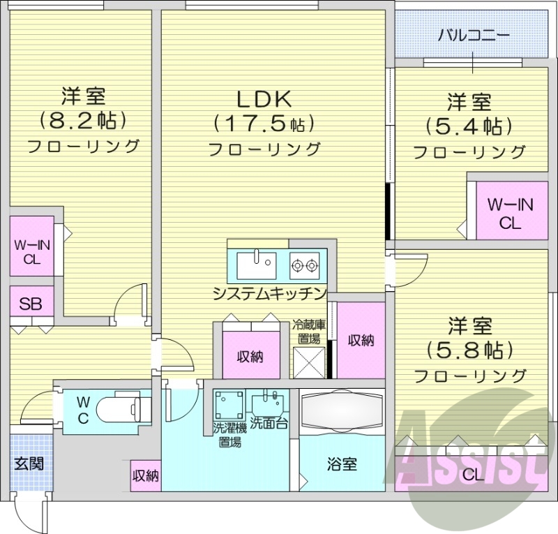 3LDK、エアコン、都市ガス、追い焚き、オートロック
