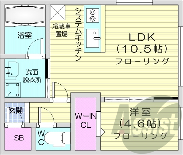 1LDK、エアコン、都市ガス、システムキッチン