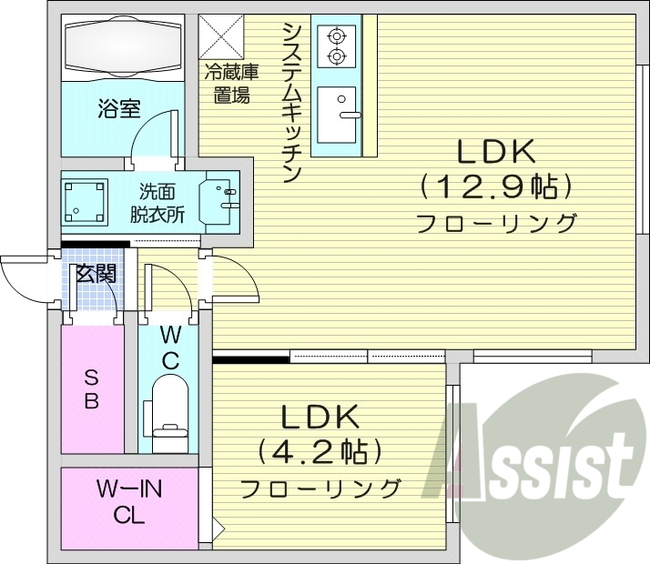 1LDK、エアコン、都市ガス、システムキッチン