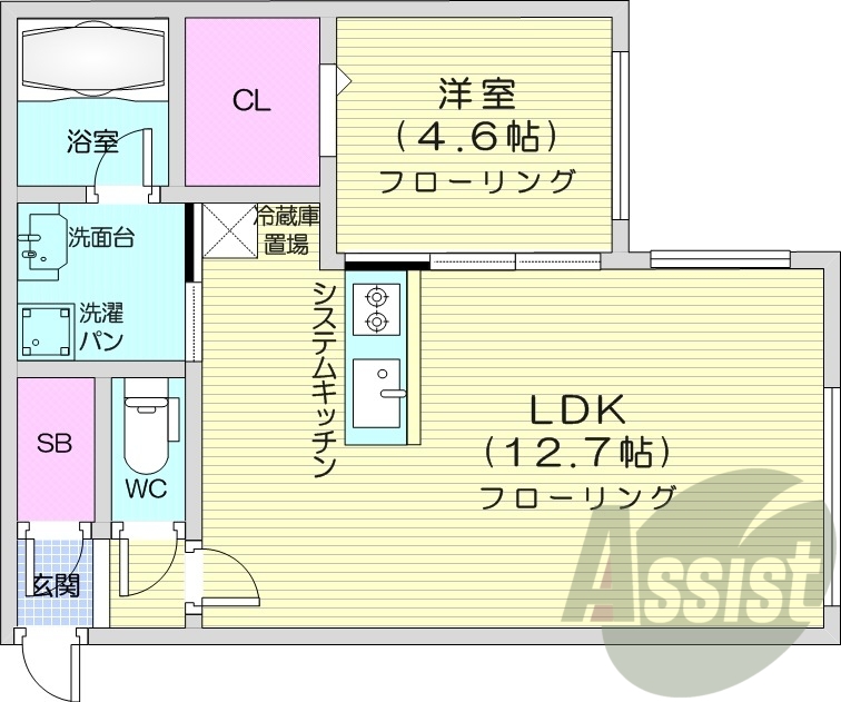 1LDK、エアコン、都市ガス、システムキッチン