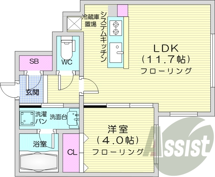 1LDK、エアコン、都市ガス、システムキッチン