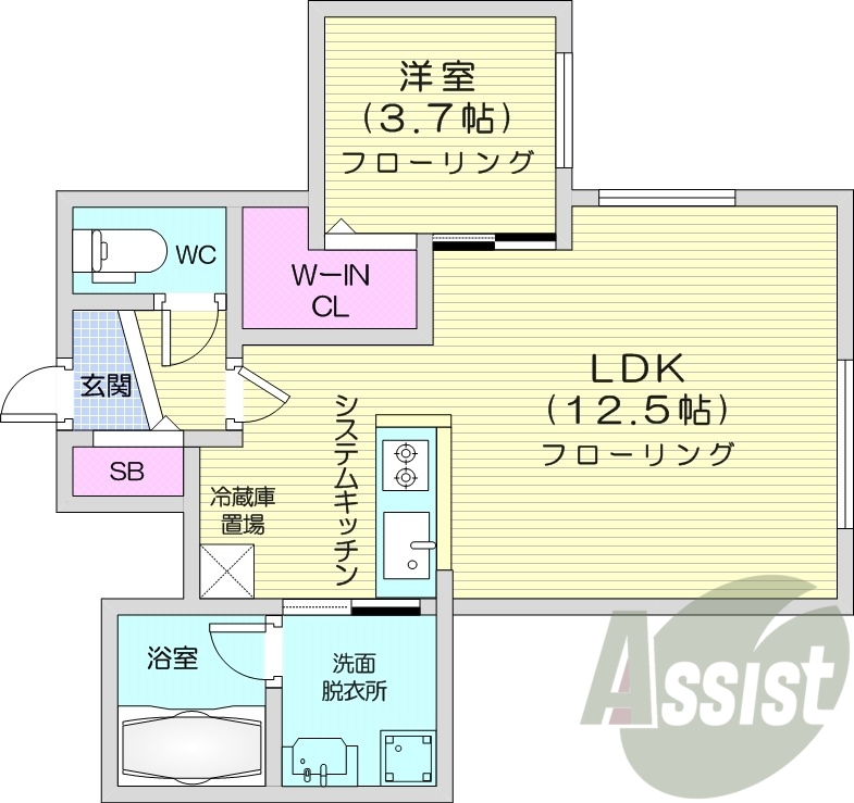 1LDK、エアコン、都市ガス、システムキッチン