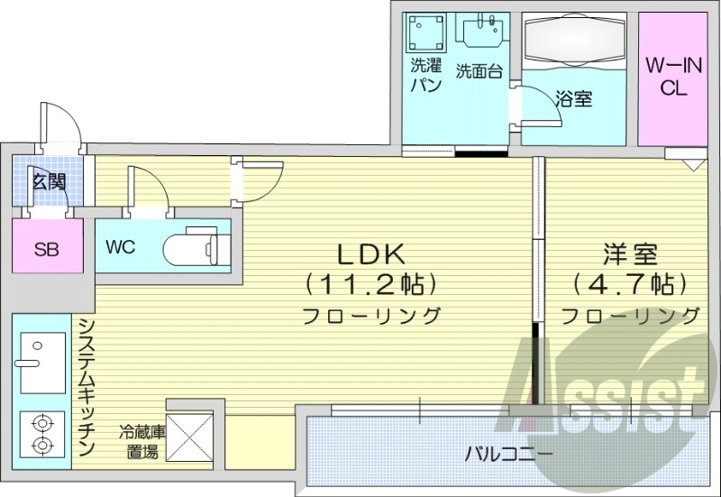 1LDK、エアコン、都市ガス、システムキッチン