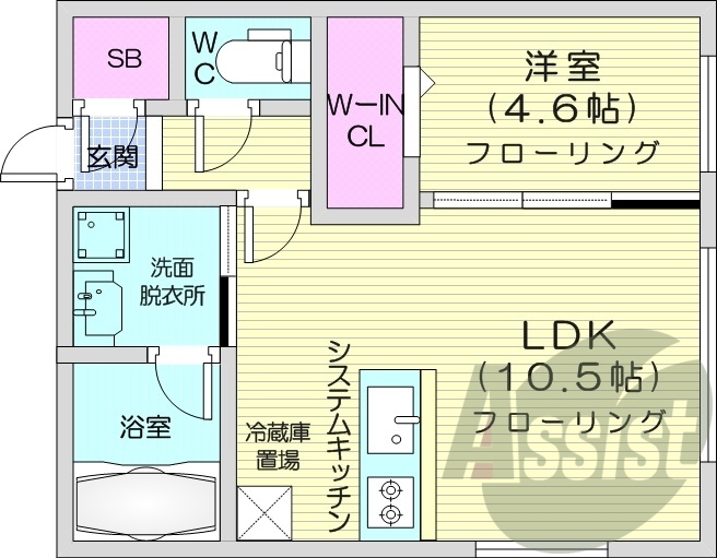 1LDK、エアコン、都市ガス、システムキッチン