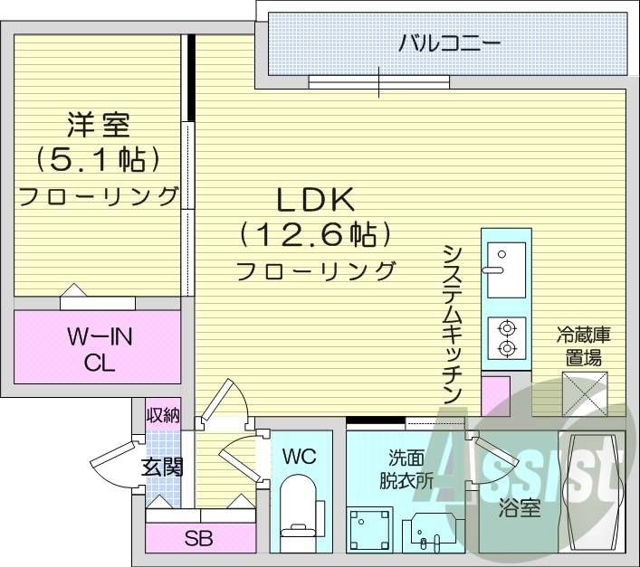 1LDK、エアコン、都市ガス、システムキッチン
