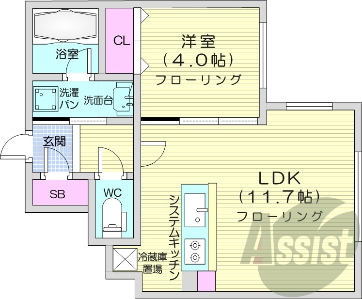 1LDK、エアコン、都市ガス、システムキッチン
