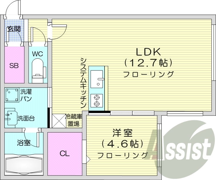 1LDK、エアコン、都市ガス、システムキッチン
