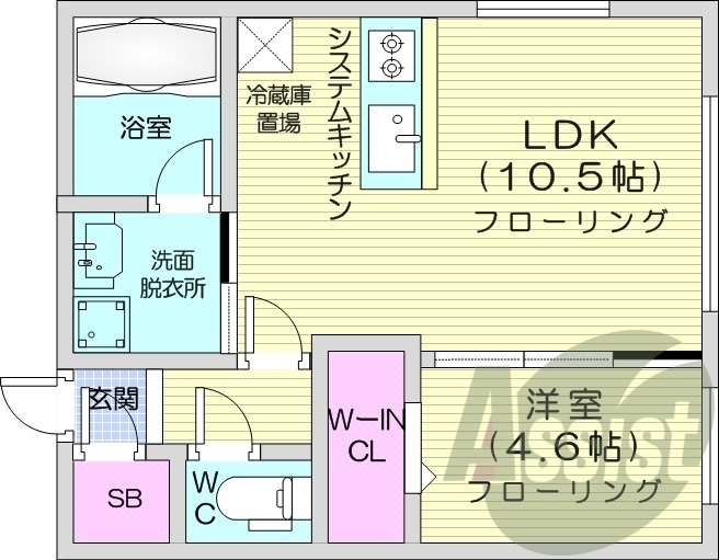 1LDK、エアコン、都市ガス、システムキッチン