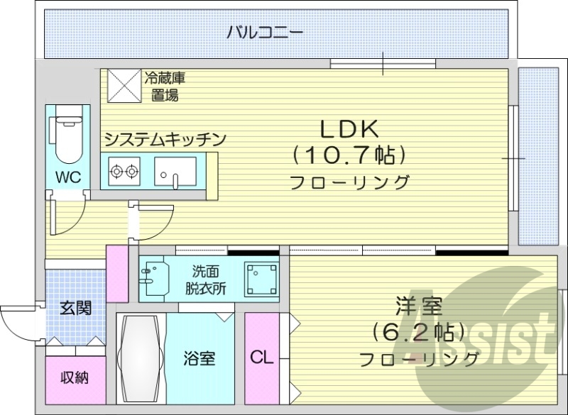 1LDK、エアコン、システムキッチン、独立洗面台