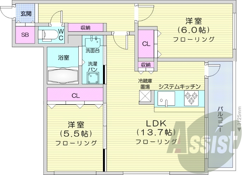 2LDK、エアコン、システムキッチン、独立洗面台
