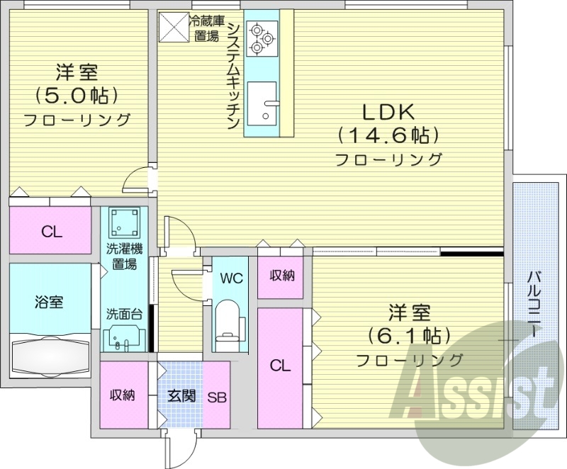 2LDK、エアコン、システムキッチン、独立洗面台