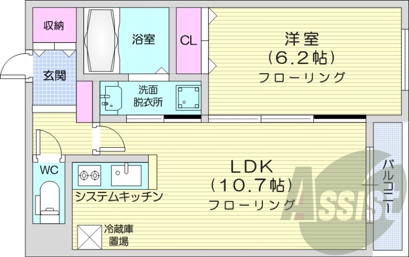 1LDK、エアコン、システムキッチン、独立洗面台