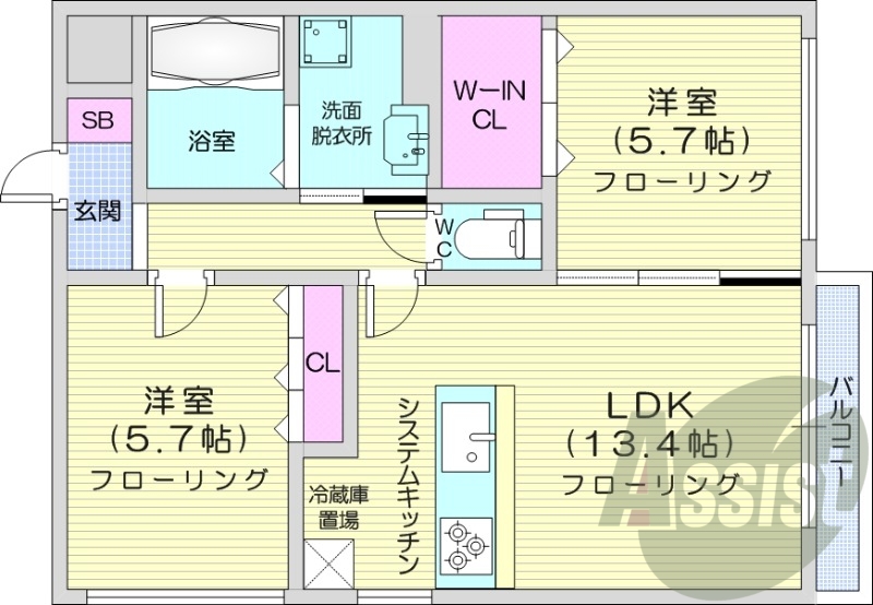 2LDK、エアコン、システムキッチン、独立洗面台