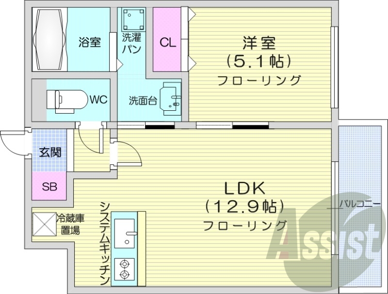 1LDK、エアコン、システムキッチン、独立洗面台