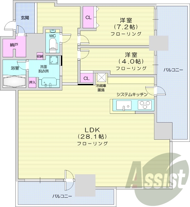 2LDK、エアコン、システムキッチン、独立洗面台、