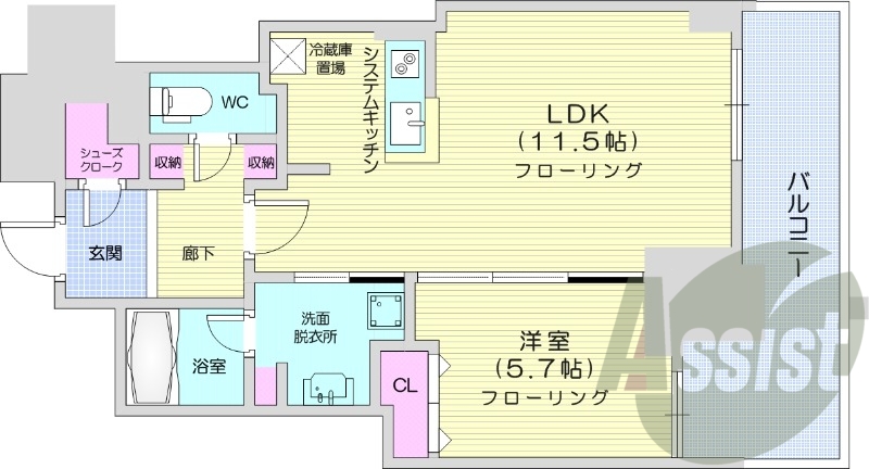 1LDK、都市ガス、追い焚き、浴室乾燥、システムキッチン