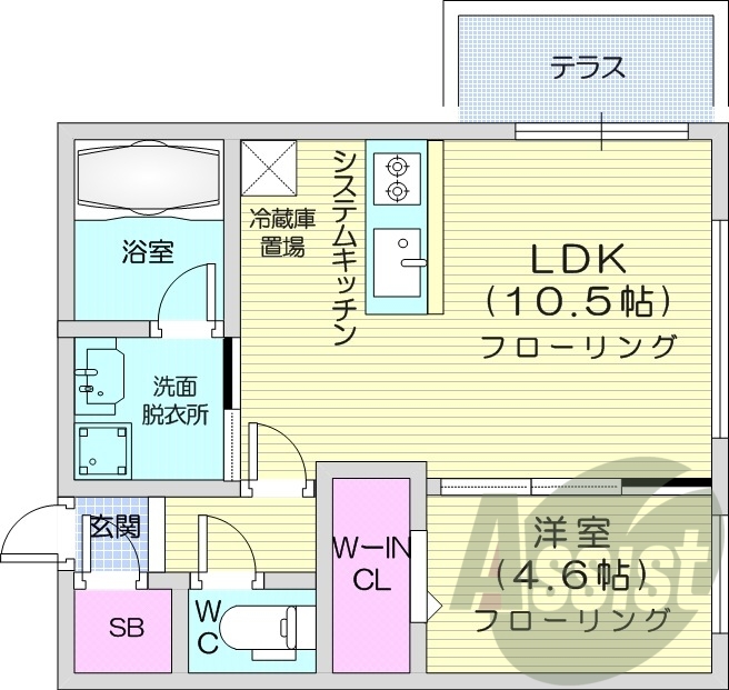 1LDK、エアコン、都市ガス、システムキッチン