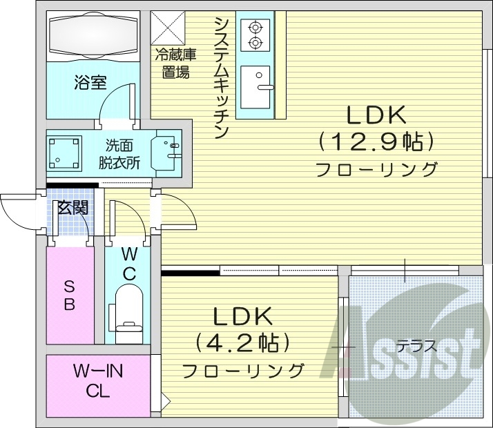 1LDK、エアコン、都市ガス、システムキッチン