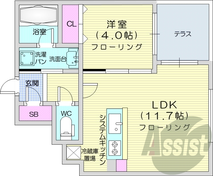 1LDK、エアコン、都市ガス、システムキッチン