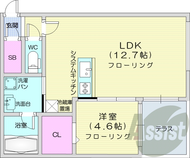 1LDK、エアコン、都市ガス、システムキッチン