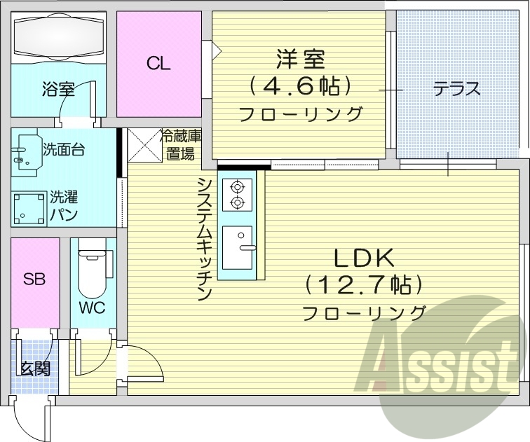 1LDK、エアコン、都市ガス、システムキッチン