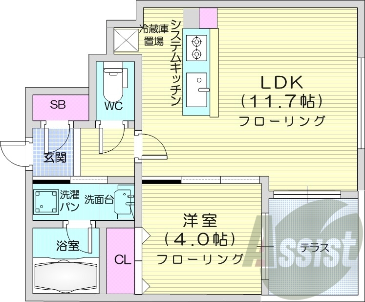1LDK、エアコン、都市ガス、システムキッチン