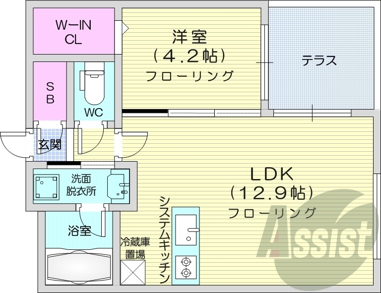 1LDK、エアコン、都市ガス、システムキッチン